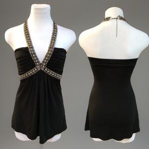 SKY Black Clear Bling Gem Neckline Halter XS Top